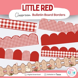 Peut inclure: Téléchargement numérique de bordures de tableau d'affichage pour la classe. Les motifs comprennent des motifs vichy rouges et blancs, des bords festonnés rouges unis et une clôture en bois avec un mouton et des fleurs. Le texte indique "Little Red Classroom Bulletin Board Borders."