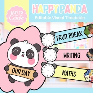 Editable pastel visual timetable for classroom organisationin cute kawaii panda theme | Editable in Canva | Happy Panda Collection