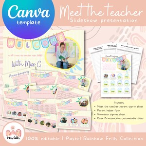 K&ouml;nnte beinhalten: Eine rosa und gelbe Canva-Vorlage f&uuml;r eine &bdquo;Meet the Teacher&ldquo;-Diashow-Pr&auml;sentation. Die Vorlage enth&auml;lt eine Begr&uuml;&szlig;ungsfolie mit einem Foto eines Lehrers, eine Folie mit einer Liste von &bdquo;Elternhelfern&ldquo; und eine Folie mit einer Liste von &bdquo;Enthaltenen&ldquo;, die die verschiedenen Folien der Pr&auml;sentation auflistet. Der Text &bdquo;100 % editierbar | Pastell-Regenbogen-R&uuml;schen-Kollektion&ldquo; befindet sich am unteren Rand des Bildes.