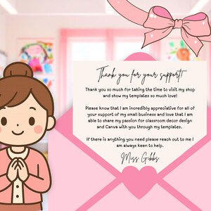 May include: A pink envelope-shaped card with the text "Thank you for your support" and a message of appreciation. A cartoon illustration of a woman in a pink sweater is on the left. A pink bow is at the top.