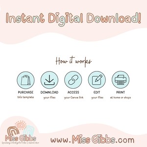 K&ouml;nnte beinhalten: Eine Grafik mit dem Text "Sofortiger digitaler Download!" und "So funktioniert's" mit f&uuml;nf Symbolen, die die Schritte zum Kauf, Herunterladen, Zugriff, Bearbeiten und Drucken einer digitalen Vorlage darstellen. Die Symbole sind eine Einkaufstasche, ein Download-Pfeil, ein Link, ein Bleistift und ein Drucker. Der Text "www.Miss Gibbs.com" befindet sich am unteren Rand der Grafik.
