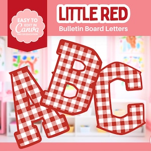 Gingham Pinnwand Buchstaben für Bauernhof Themen Klassenzimmer oder süßes Picknick Thema Canva Vorlage | Little Red Kollektion