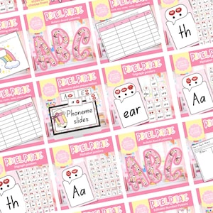May include: A collection of pink and white educational printables. The printables include alphabet posters, word family activities, and phoneme slides. The text on the printables includes "PVCL PRAE", "Alphabet posters", and "Phoneme slides".