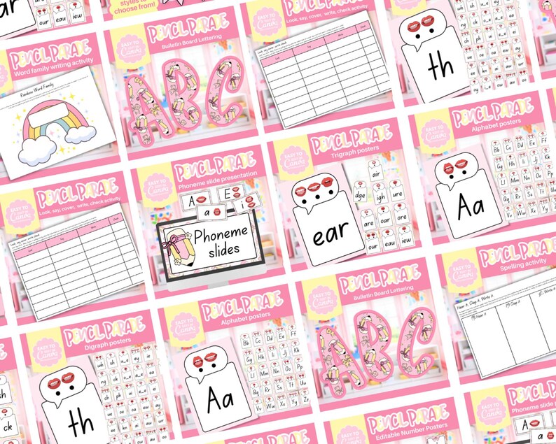 May include: A collection of pink and white educational printables. The printables include alphabet posters, word family activities, and phoneme slides. The text on the printables includes "PVCL PRAE", "Alphabet posters", and "Phoneme slides".