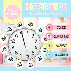 Pastel classroom clock labels modern classroom decor labels telling the time | Canva Template | Happy Panda Collection