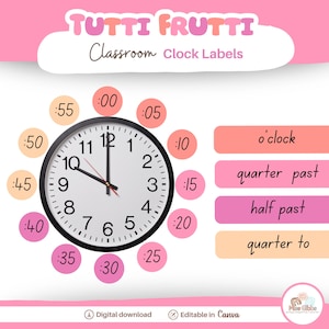Clock number labels | Telling the time | Modern Classroom Decor | Editable in Canva