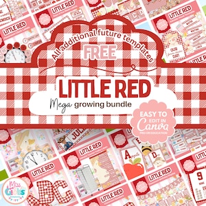 May include: A set of classroom templates with a red and white gingham design. The text reads "LITTLE RED" and "Mega growing bundle". The templates are designed for educational use and are easy to edit in Canva.