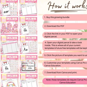 May include: A collection of pink and white educational printables with text like "ear", "th", and "Aa". The image also includes instructions on how to use the templates, with steps like "Download the PDF" and "Customise your template".