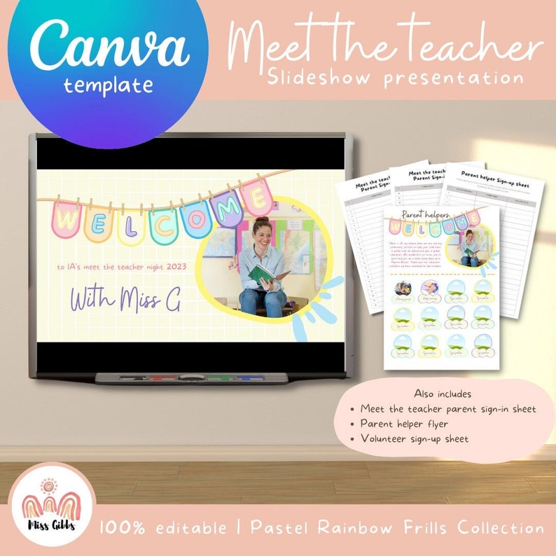 K&ouml;nnte beinhalten: Eine digitale Pr&auml;sentationsvorlage f&uuml;r eine "Meet the Teacher"-Nacht. Die Vorlage enth&auml;lt ein Willkommensbanner mit bunten Buchstaben, ein Foto eines Lehrers und den Text "to LA's meet the teacher night 2023 with Miss G". Die Vorlage enth&auml;lt au&szlig;erdem ein Anmeldeformular f&uuml;r Eltern, einen Flyer f&uuml;r Elternhelfer und ein Anmeldeformular f&uuml;r Freiwillige.