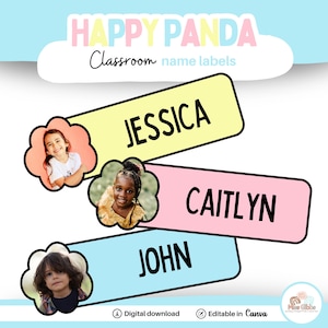 Etiquetas de sala de aula em tons pastel, etiquetas de nomes de alunos para a organização da sala de aula | Modelo Canva | Tema Happy Panda