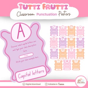 May include: A pink and purple classroom poster with the title "Tutti Frutti Classroom Punctuation Posters". The poster features a large letter "A" in a pink circle and a description about capital letters. Below the letter "A" is a smaller box with the text "Example" and "Write your class example here". The poster also includes a grid of 12 smaller posters, each featuring a different punctuation mark with a description. The posters are in pink, orange, and purple.