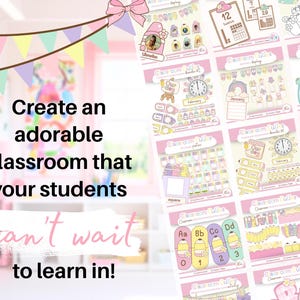 Peut inclure: Une collection num&eacute;rique d'imprim&eacute;s de d&eacute;coration de classe aux couleurs pastel, comprenant des cartes alphab&eacute;tiques, des tableaux de nombres, des calendriers et des &eacute;tiquettes avec le texte Classroom Cuties, dispos&eacute;s en grille.