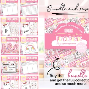 May include: Pink and white educational printables with the text "Bundle and save!" and "Buy the bundle and get the full collection and so much more!". The printables include phoneme slides and spelling activities.