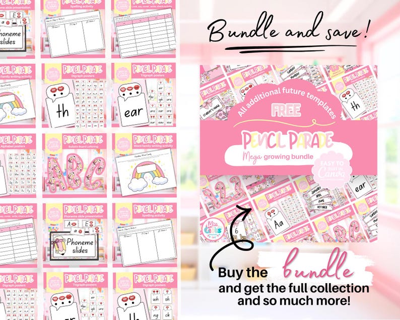 May include: Pink and white educational printables with the text "Bundle and save!" and "Buy the bundle and get the full collection and so much more!". The printables include phoneme slides and spelling activities.