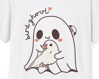 Cute Ghost & Bird Unisex T-Shirt, Sweatshirt, Kawaii Tee, Budgie, Ghoul, Parakeet, Perfect Gift for Halloween, Casual Wear