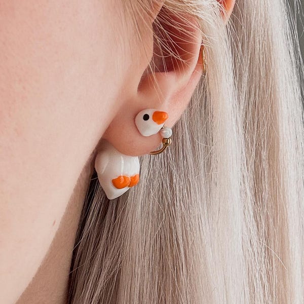 Handmade Polymer Clay Goose Earrings – Lightweight, Comfortable Bird Jewelry, Stainless Steel Posts, High Durability Gloss Top Coat