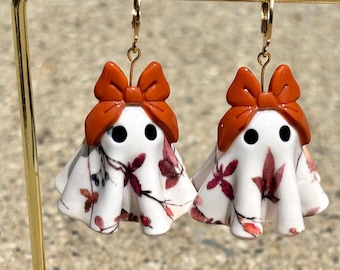 Customizable Floral Ghost Earrings, Car Decor, Keychain Charm – Handmade Polymer Clay, Lightweight – Choose Pattern and More, Made to Order!