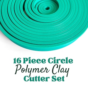 May include: A 16-piece circle polymer clay cutter set in a bright teal color. The cutters are nested inside one another, forming a series of concentric rings. The text 16 Piece Circle Polymer Clay Cutter Set is printed in dark green below the cutters.