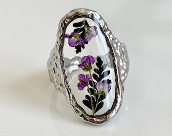 Handmade Adjustable Stainless Steel Ring, Asymmetrical Hammered Metal Texture Oval, UV Resin, Real Purple Flowers & Black Ferns