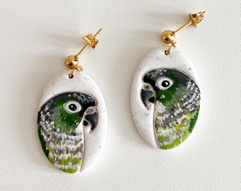 Custom Hand Painted Conure Portrait Earrings, Stainless Steel, Gold or Silver, Hooks, Ball Posts, Leverbacks, Green Cheek, Lightweight