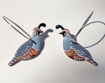 Hand-Painted California Quail Earrings | Surgical Stainless Steel Wine Hoops