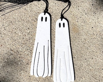 Ghost Bookmark | Handmade Polymer Clay Book Accessories | Peppered Granite-Like White | Black Tassel