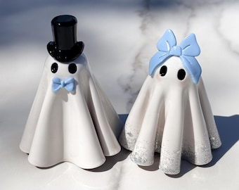 Customizable Elegant Couple Ghost Figures, Decor,  Wedding Cake Topper – Top Hat, Valentines, Bride & Groom, Polymer Clay