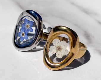 Handmade Adjustable Stainless Steel Ring, Chunky Asymmetrical Organic Shaped Oval, UV Resin, Real Beige Plum Blossom & Forget-Me-Not Flowers