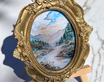 Handmade Vintage Fridge Magnet | Original Watercolor Mountain Art | Ornate Gold Frame | Cottagecore Decor