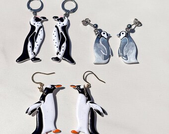Custom Hand-Painted Penguin Earrings, Gentoo, African, Baby Emperor | Stainless Steel, Gold, or Silver, Multiple Finding Options