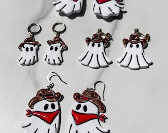Cowboy Ghost Polymer Clay Earrings | Western Halloween Jewelry | Handmade Ghost Magnets & Earrings