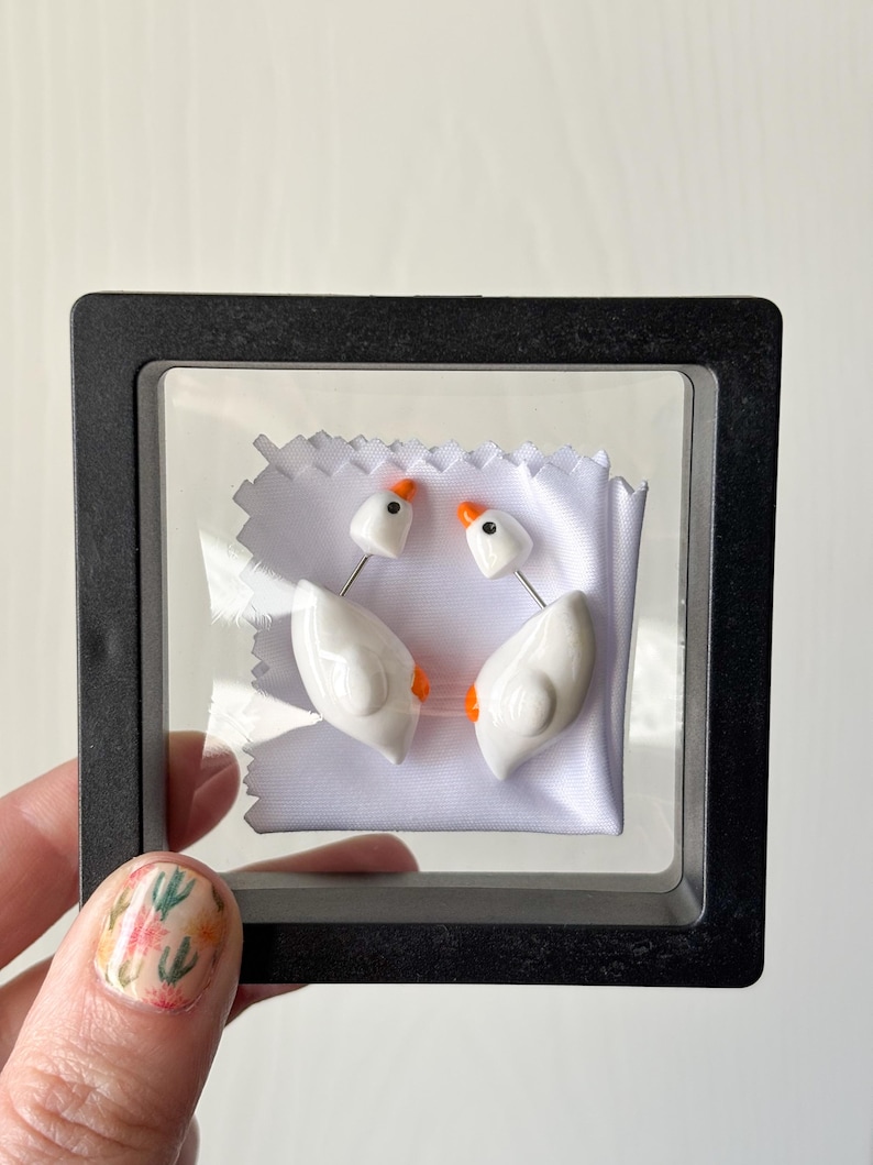 Handmade Polymer Clay Goose Earrings – Lightweight, Comfortable Bird Jewelry, Stainless Steel Posts, High Durability Gloss Top Coat image 7