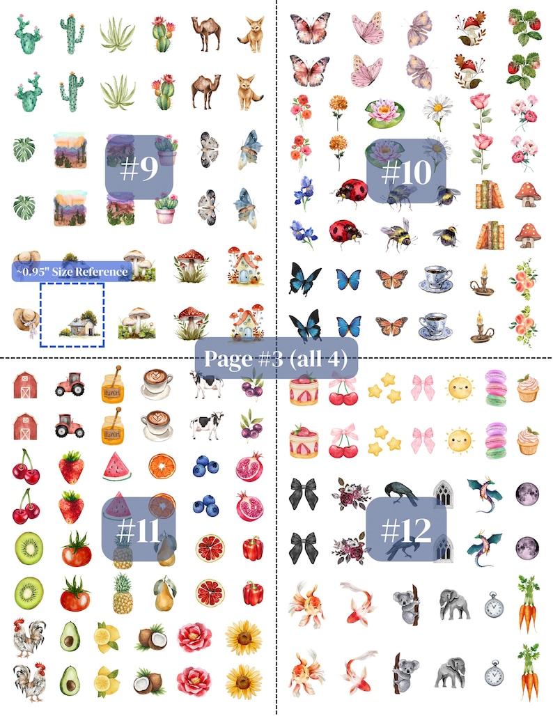 May include: A sheet of colorful stickers featuring various designs. The stickers include cacti, butterflies, animals, flowers, food items, and decorative elements. The sheet has a size reference of approximately 0.95 inches.