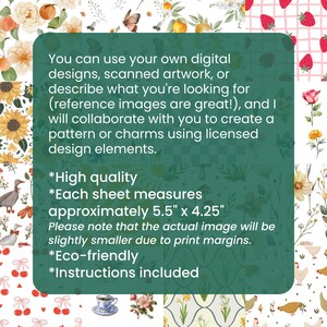 May include: A green square with text and floral patterns. The text says, "You can use your own digital designs..." and "Each sheet measures approximately 5.5" x 4.25". The background features flowers, strawberries, and other designs.