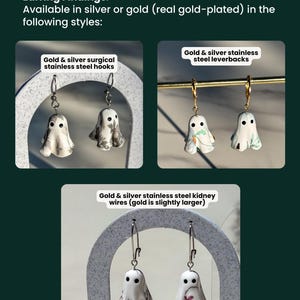 May include: A display showing earring findings with text Choose Your Earring Findings. Options include surgical stainless steel hooks, stainless steel leverbacks, and stainless steel kidney wires. The ghost-shaped charms feature various patterns.