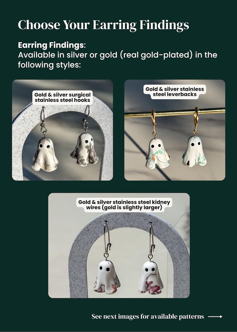 May include: A display showing earring findings with text Choose Your Earring Findings. Options include surgical stainless steel hooks, stainless steel leverbacks, and stainless steel kidney wires. The ghost-shaped charms feature various patterns.