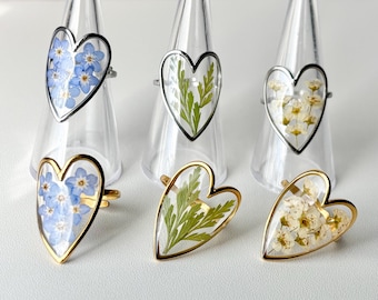Large Heart Statement Ring with Pressed Flowers, Forget Me Not, Ferns, Stainless Steel, Adjustable