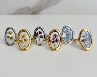 Handmade Adjustable Stainless Steel Ring, Asymmetrical Organic Shaped Oval, UV Resin, Real Purple, White & Blue Forget-Me-Not Flowers