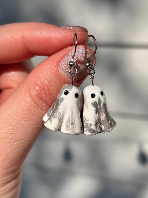 Baby Floral Ghost Earrings, Customizable, Handmade Polymer Clay, Lightweight, Choose Botanical or Halloween Pattern, Mini Ghosts