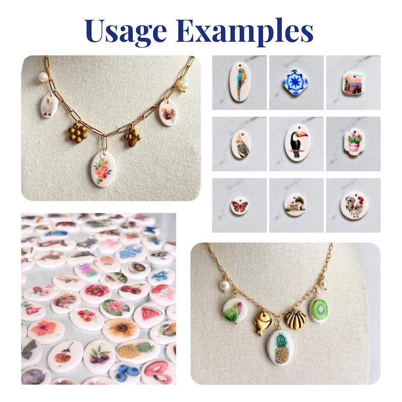 May include: The image showcases examples of handmade jewelry. A gold chain necklace is adorned with various ceramic pendants, including floral, animal, and fruit designs. The text "Usage Examples" is displayed at the top. Additional pendants are scattered below, displaying diverse patterns and illustrations.