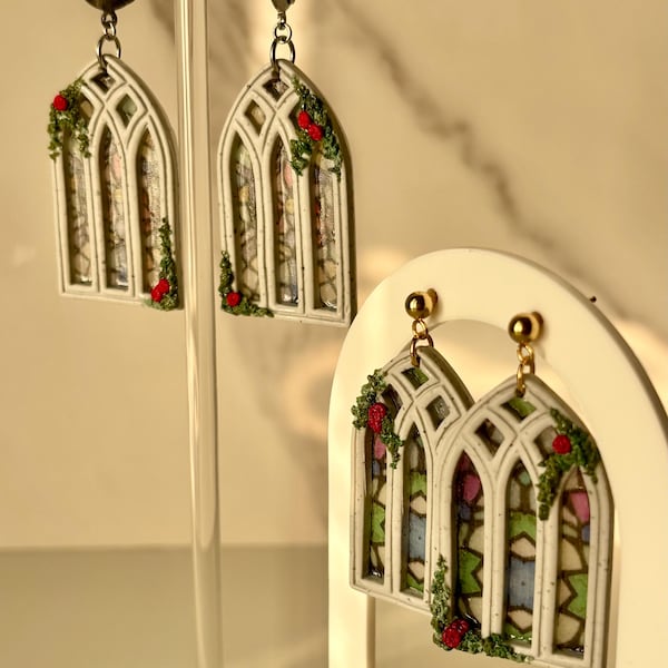 Cathedral Stained Glass Window Earrings • Gothic Arch Dangles • Lightweight Polymer Clay • Gold or Silver • Hypoallergenic