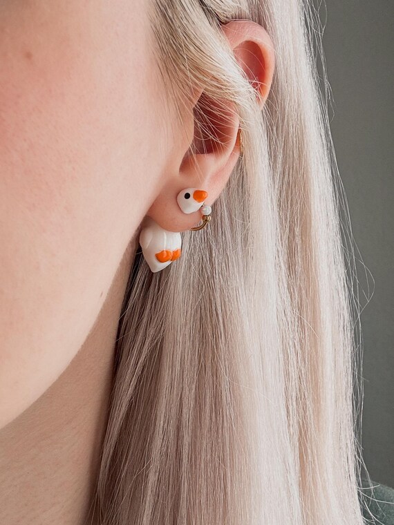 Handmade Polymer Clay Goose Earrings – Lightweight, Comfortable Bird Jewelry, Stainless Steel Posts, High Durability Gloss Top Coat