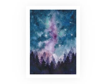 Galaxy Night Sky Poster | Original Watercolor Painting by Aprils Escape | Forest Silhouette Nebula Art Print