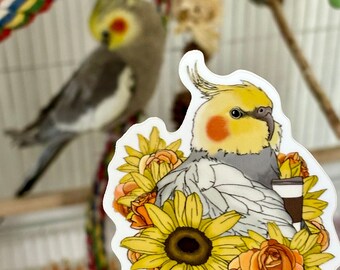 Is it fall yet?, Cockatiel, Fall, Sunflowers, Roses, Bird | 3”x3” Gloss Sticker