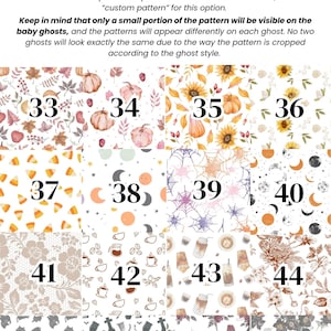 May include: A grid of sixteen numbered pattern swatches labelled Patterns: Page 3 of 3. Designs include autumn leaves, pumpkins, sunflowers, candy corn, celestial moons, spider webs, coffee cups, floral lace, tombstones, and dark botanical motifs.