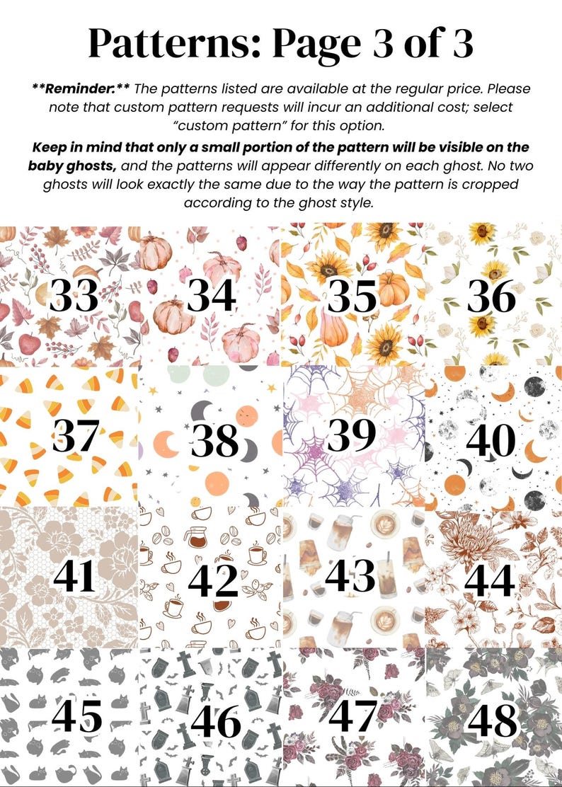 May include: A grid of sixteen numbered pattern swatches labelled Patterns: Page 3 of 3. Designs include autumn leaves, pumpkins, sunflowers, candy corn, celestial moons, spider webs, coffee cups, floral lace, tombstones, and dark botanical motifs.