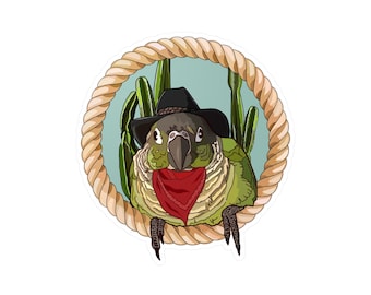Cowboy Conure Vinyl Decals, Green Cheek Stickers, Green Cheeked Parakeet, Gift for Bird Lovers, Desert Landscape, Laptop Stickers