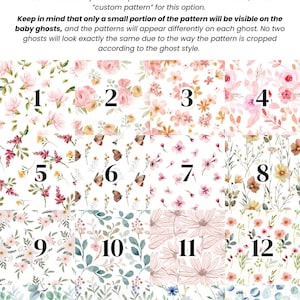 May include: A grid of sixteen floral and botanical patterns labelled 1 through 16. The text at the top reads Patterns: Page 1 of 3, followed by a reminder about custom pattern requests and how patterns appear on baby ghost products.