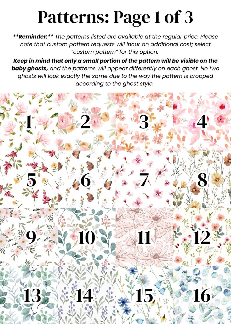 May include: A grid of sixteen floral and botanical patterns labelled 1 through 16. The text at the top reads Patterns: Page 1 of 3, followed by a reminder about custom pattern requests and how patterns appear on baby ghost products.