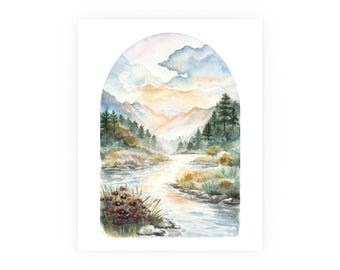 Watercolor Mountain River Arch Landscape Poster| Original Art By Aprils Escape | Satin or Matte Print